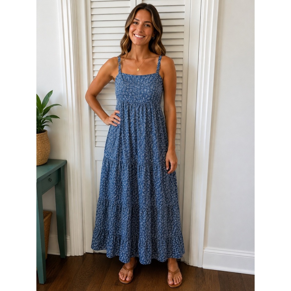 Likely Blue Floral Cotton Tiered Maxi Dress Square Neck Sleeveless Size 10